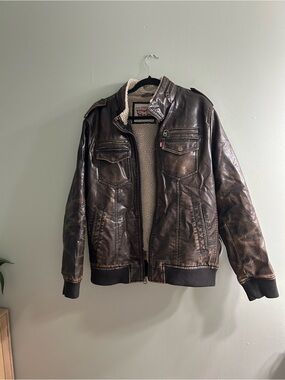 Levi's Men's Faux Leather Sherpa Lined Aviator Bomber Jacket dark brown
